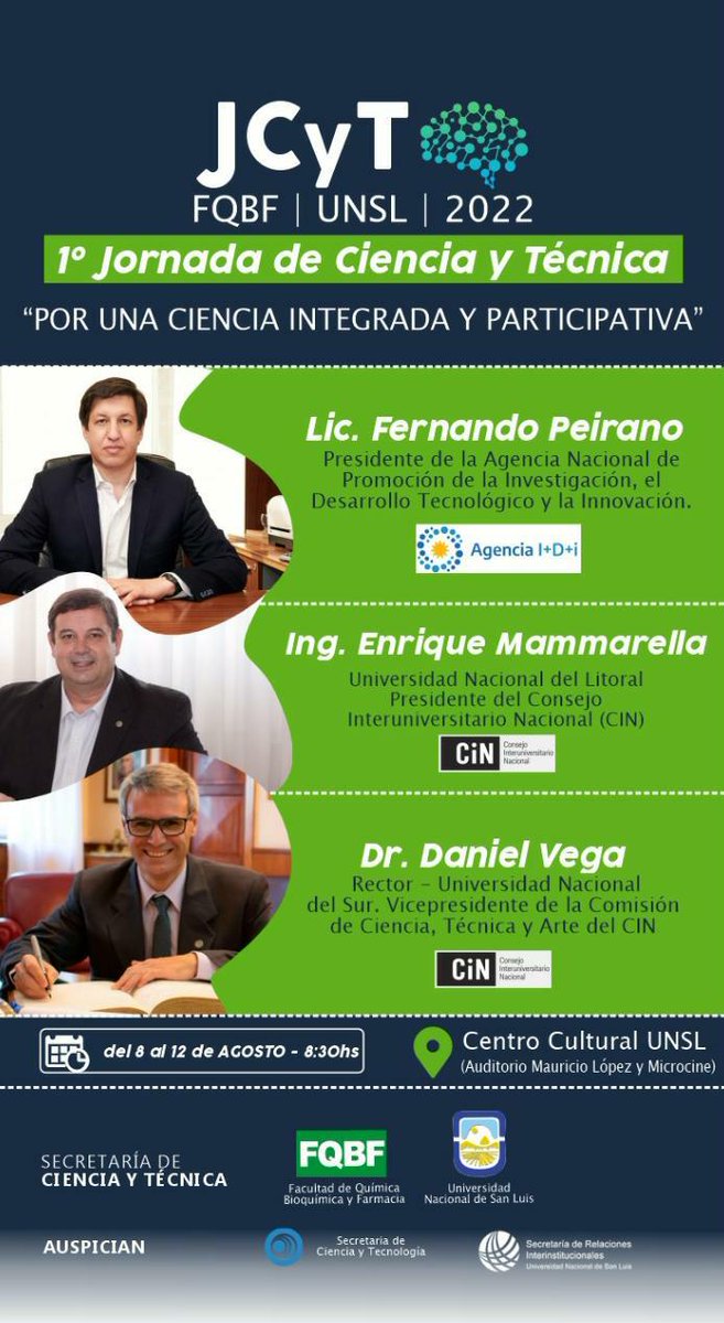 La UNSL vivirá una importante jornada de Ciencia y Tecnología

Contará entre sus expositores con tres (3) personalidades referentes del sistema universitario nacional y de la ciencia y la tecnología del país.

Nota: bit.ly/3QlH3FL
<a href="/fqbf_unsl/">FQBF -UNSL</a>