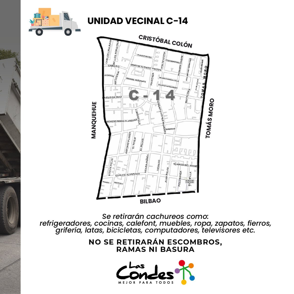 👀 ¡Atención vecinos de la UV C-14! Este sábado 6/8, entre 8 y 16 horas, recogeremos lo que ya no ocupen en su hogar. 🚛🚍 

¡RECUERDEN DEJAR LAS COSAS FUERA DEL DOMICILIO ANTES DEL MEDIODÍA! ⏰

Más info 👉 bit.ly/325Ecbw 

#LasCondesTeCuida #LasCondesVerde

<a href="/LC_aseo/">Dirección de Aseo</a>