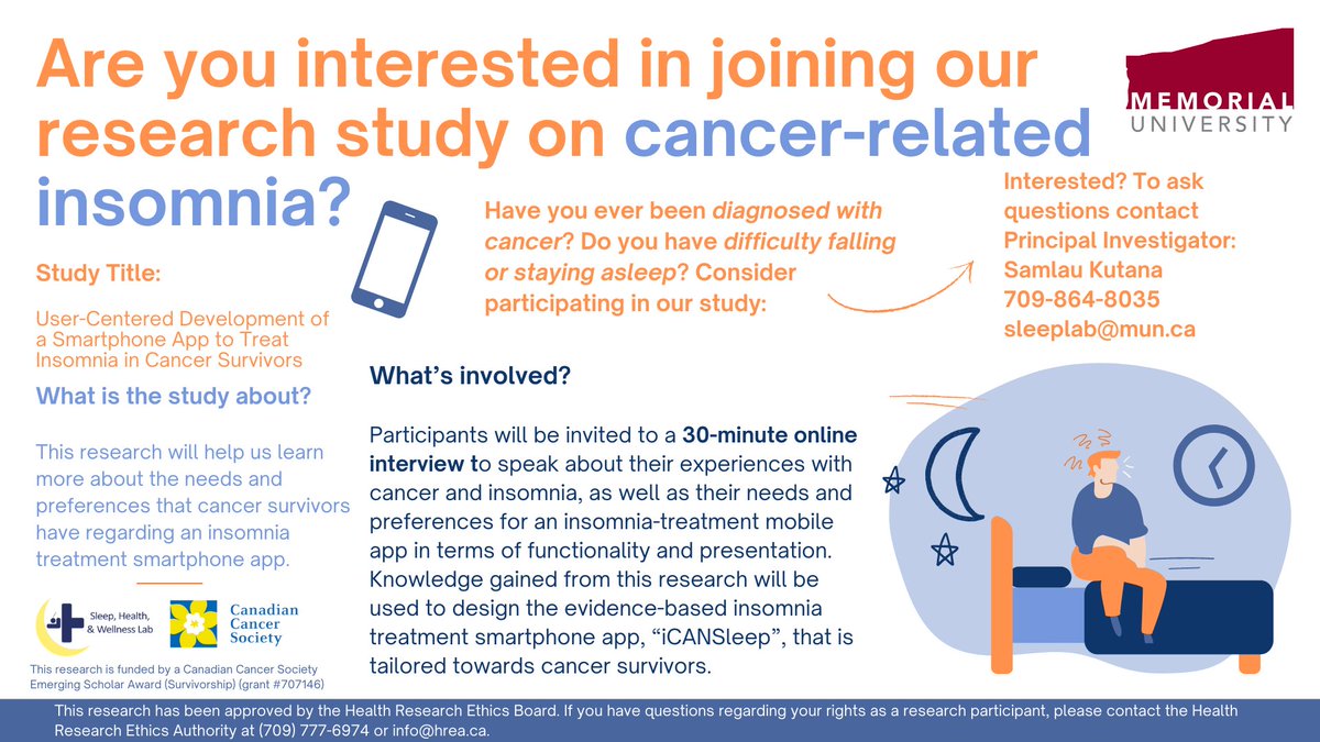Calling #cancer survivors! Do you have issues with #sleep? Here is an opportunity to contribute to the design of a new #insomnia treatment smartphone app. Compensation provided. tinyurl.com/vjcyv8ht