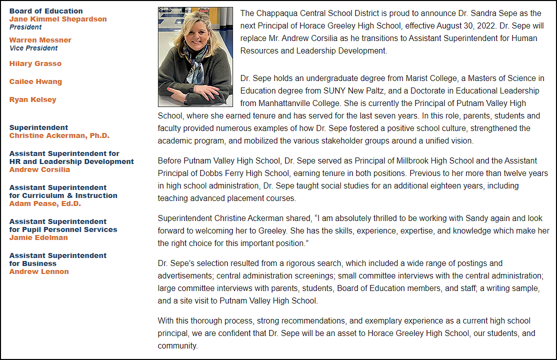 chappaqua_csd's tweet photo. Please join us in welcoming Dr. Sandra Sepe to the #WeAreChappaqua school community. At an 8/3/22 Board of Education meeting, @ski626 was appointed the next principal of Horace Greeley High School, effective August 30, 2022. https://t.co/nMrsvwUwUq