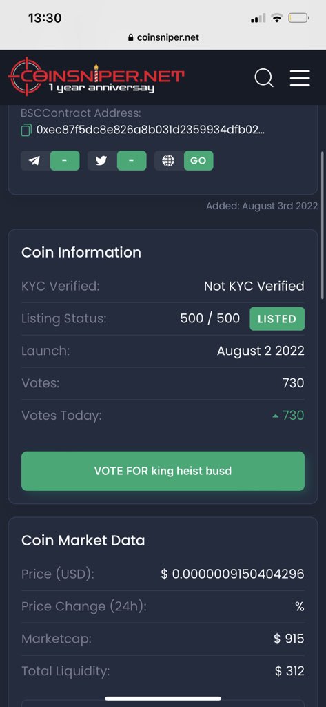 kingheistbusd22's tweet photo. Now live on coinsniper over 730 votes in 1 hour 😯 #trending #1000xgem #1000x #BSCGemAlert #1000xgem #kingheistbusd #ElonMusk #CMC https://t.co/f0N4njv5Uw