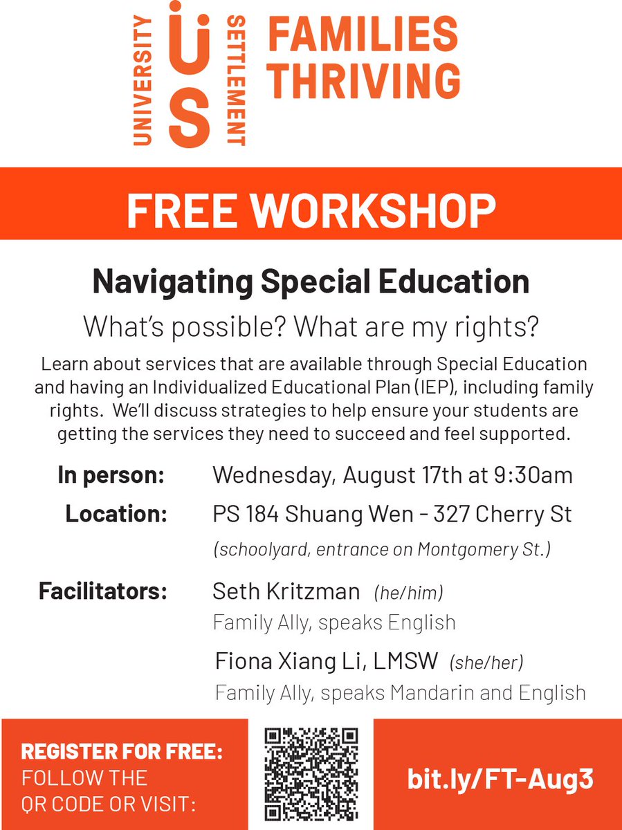 SchoolTns's tweet photo. Families don’t forget to register for this event on August 17th at PS 184 Shuang Wen on Navigating Special Education. https://t.co/o6piHvcW6d