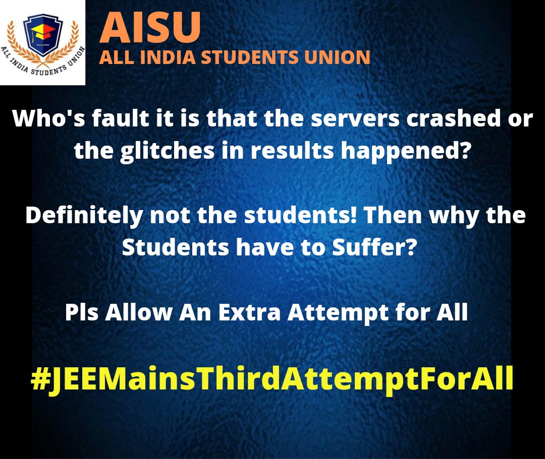 Official_AISU's tweet photo. NTA has completely failed as a testing agency. There's no fair chance given and student's concerns are being ignored since months. 
@DG_NTA
 
#JEEMainsThirdAttemptForAll https://t.co/qvB7BIadQh
