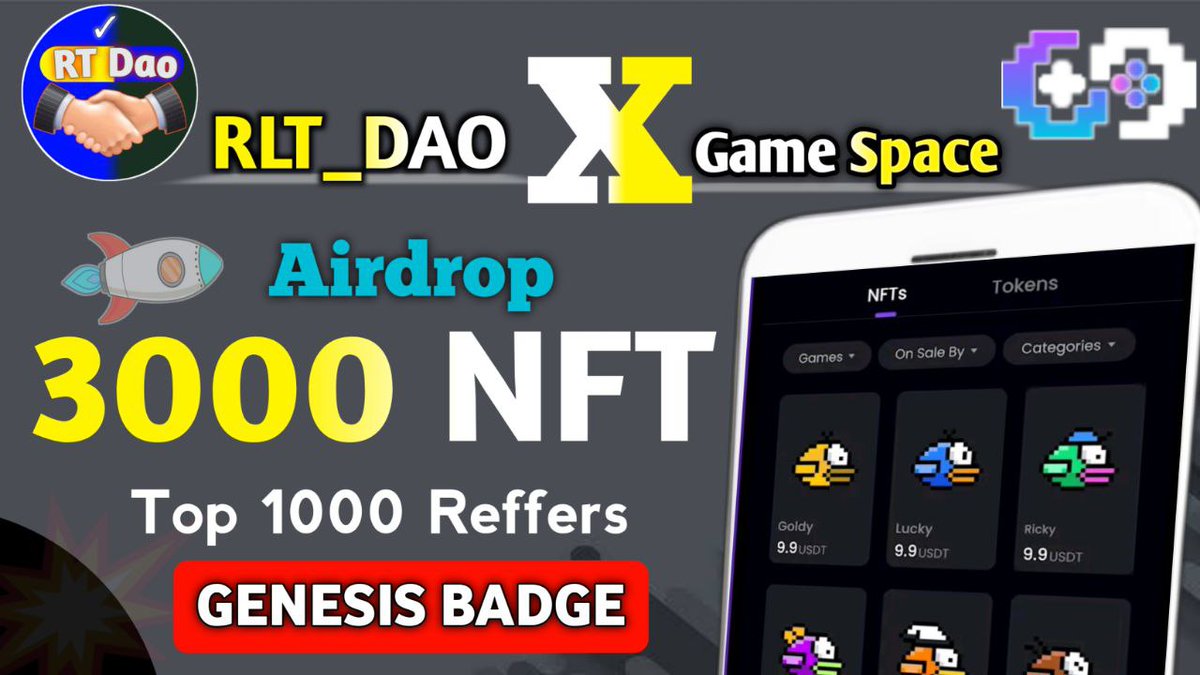 📣 Big #Airdrop

🎁 Total Pool - 3000 Genesis Badge NFT's ~ it will be Used for the 1st batch of our AAA Game NFT Airdrop

To Win 🏆➡️
✅ Follow <a href="/RLT_DAO/">Anjali</a>
 and @Gamespace_NFTs 
✅ Finish Gleam : gleam.io/7um5j/rltdao-a…

⏰ Ending on August 12th

#Airdrop #NFTs #FreeNFT #RLT_DAO