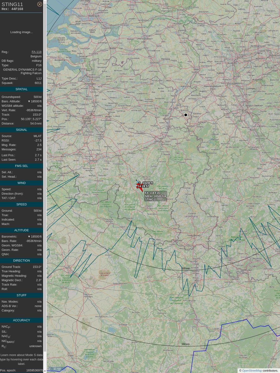 AboveHeerlen's tweet image. #PlaneAlert ICAO: #44F168 Tail: #FA118 
Owner: #BelgianAirComponent
Aircraft: #F-16 Fighting Falcon
2022/08/03 16:28:51
#F16 #Mil #YouJustLostARefinery #FighterJet #Luchtcomponent #OtherAirForces youtu.be/DyruzLjVwbc?t=… 
globe.adsbexchange.com/?icao=44F168&amp;amp;s…
