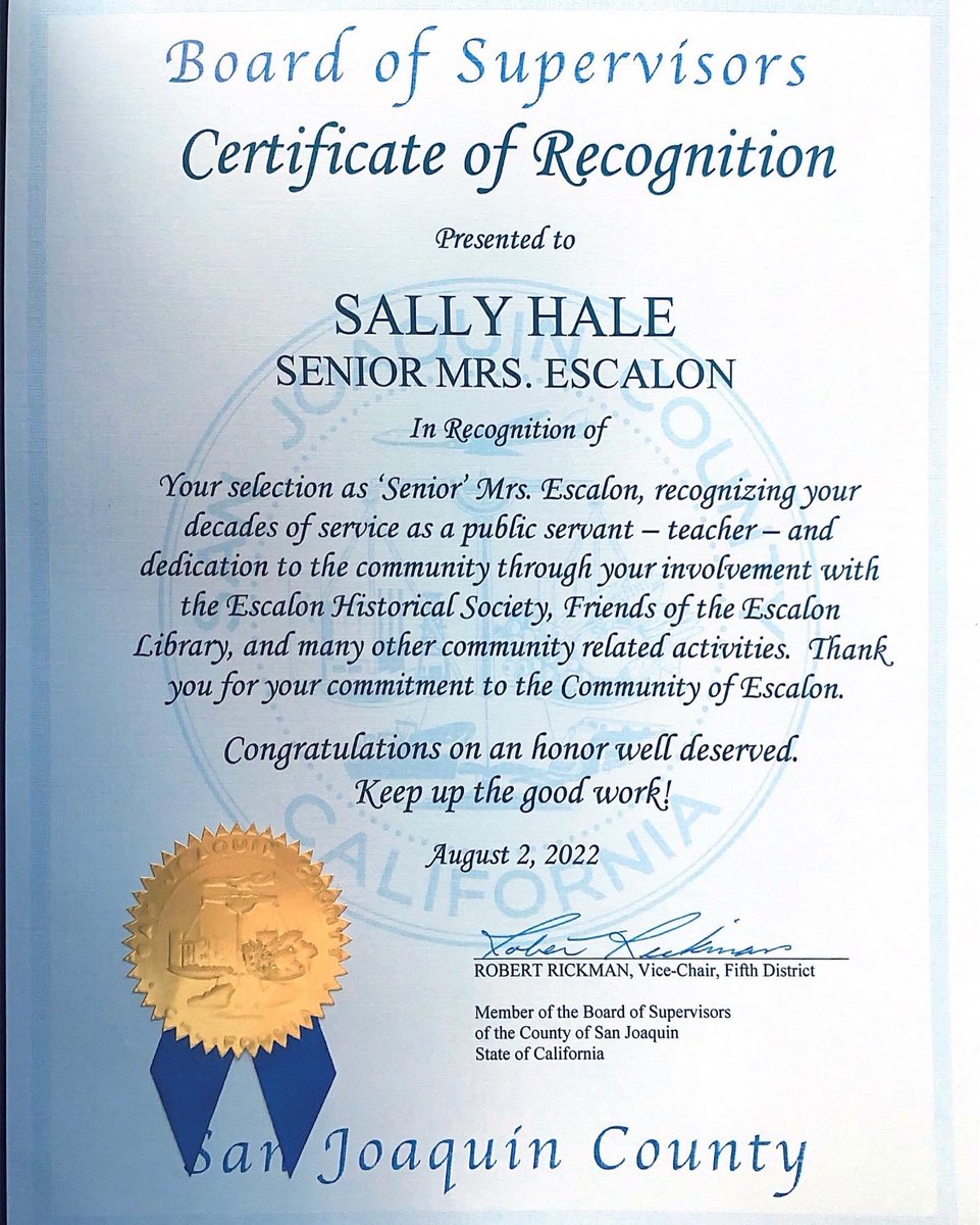 Sup_Rickman's tweet photo. Congratulations to Tom and Sally Hale for being chosen as Senior Mr. and Mrs. Escalon.
#escalonca #cityofescalon #escalontimes
#riponca #cityofripon #SanJoaquinCounty https://t.co/G71GNjujx3