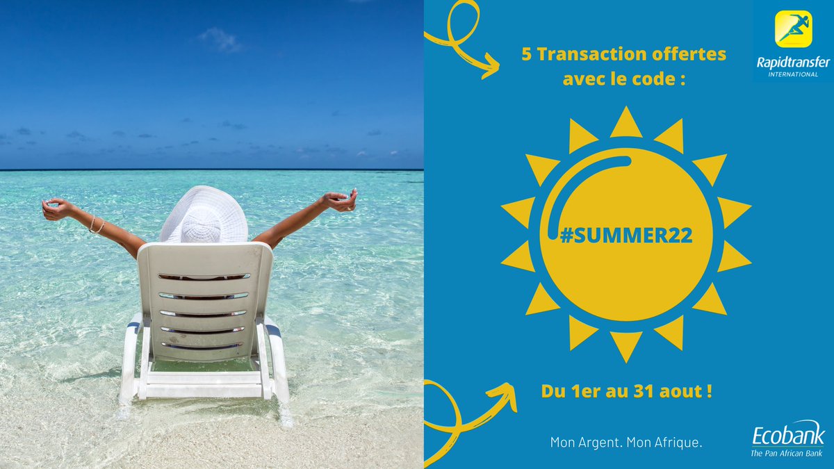 Rapidtransfer_I's tweet photo. Profitez de de cinq transactions gratuites vers le continent grâce au code #Summer22 !🎉🌍
💙 Téléchargez l’application Rapidtransfer International sur l’AppStore ou sur le Google Play Store 
#ecobank #summer #travel #moneytransfer #Rapidtransfer #senegal #mali #africa #Afrique https://t.co/ehraDhK4k8