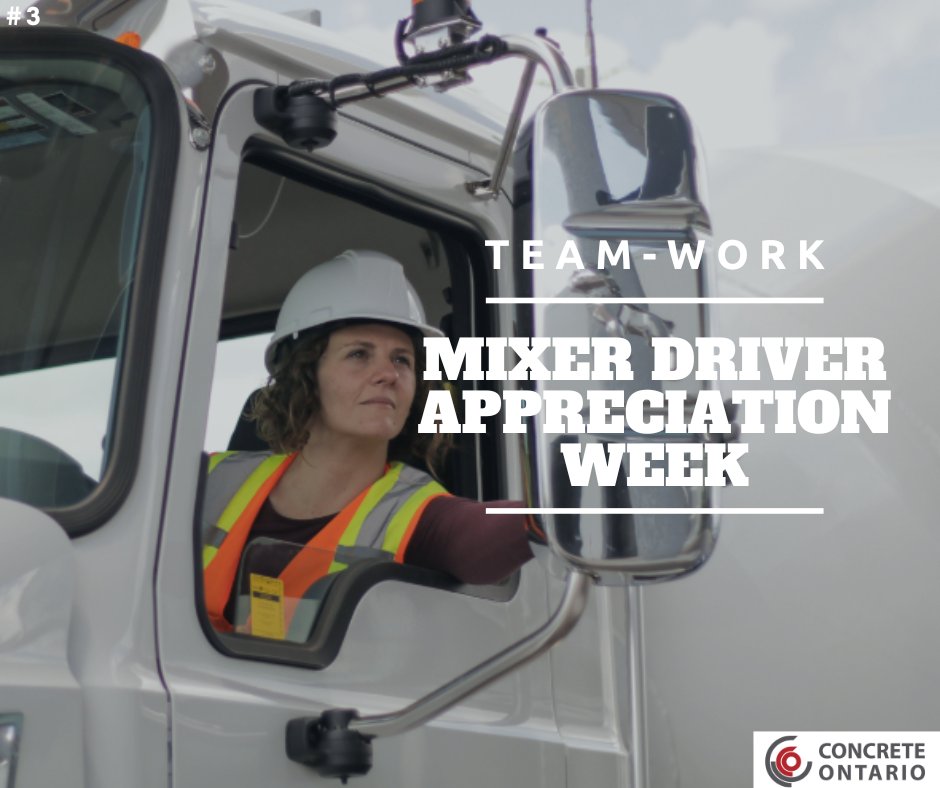ConcreteOntario's tweet photo. Mixer Driver
Appreciation Week 2022
Recognizing skills our #CDPs bring to the job every day:
TEAM WORK
The #teamwork skills #MixerDrivers use every day is a critical piece of a successful #readymixed #concrete operation.
#NMDAW2022 https://t.co/1cZ2pro0fI