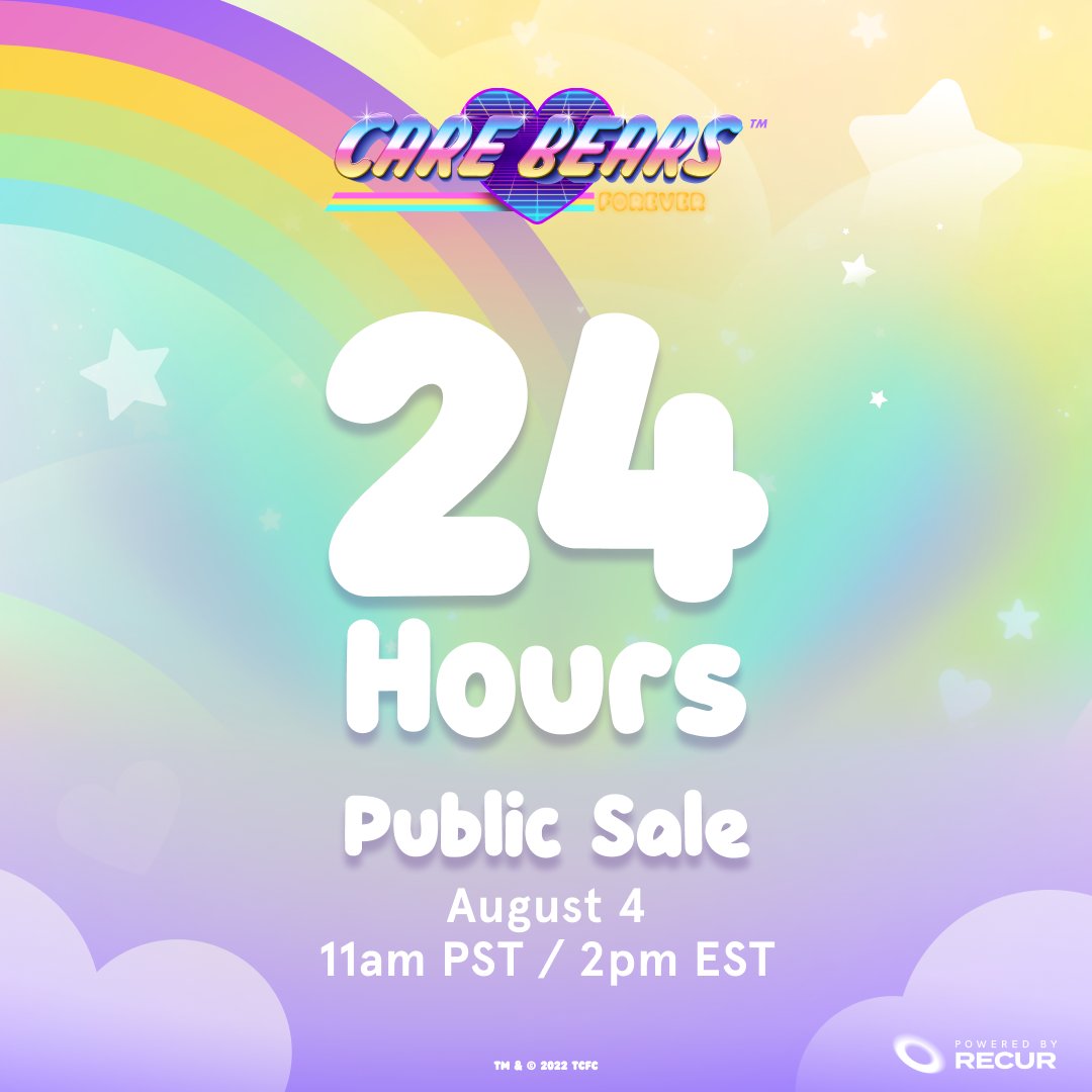 carebears_nfts's tweet photo. Only 24HRs left until the #CareBearsNFT Public Sale! 🤗

We're so excited for you to band together and explore web3 with the most huggable and lovable bears around 🌈🐻

Sharing is caring, so be sure to spread the word that #CareBearsNFT is almost here! 💗 https://t.co/Fnh6Vpl9t9