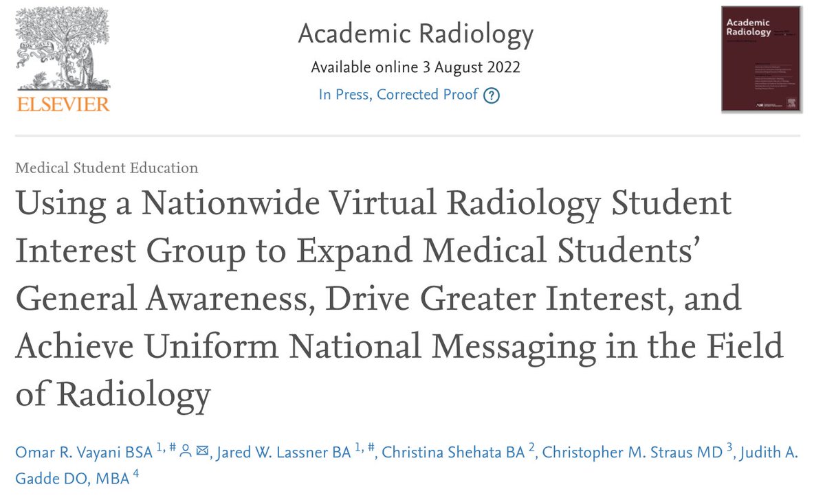 JudyGadde's tweet image. Congratulations to our fantastic med students, @Tina__Shehata, @orvayani, &amp;amp; @JaredLassner for their publication in @AcadRadiol with our results from creating @RadiologySIG via the @AURtweet Strategic Alignment Grant! 

sciencedirect.com/science/articl…

#futureradres #Match2023