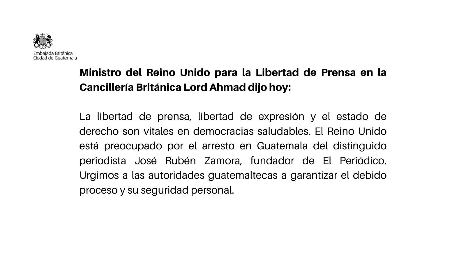 Pronunciamiento del Ministro del Reino Unido para la Libertad de Prensa en la CancillerÃ­a BritÃ¡nica Lord Ahmad.