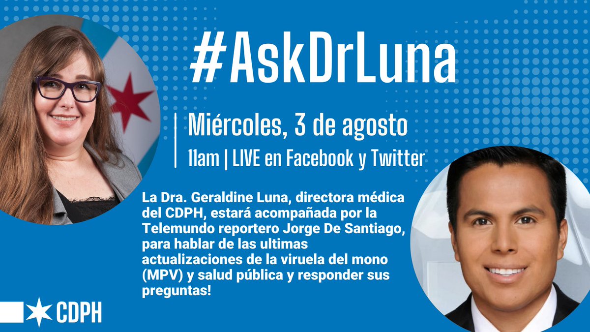 Hola a todos! Sintonice hoy para un segmento muy importante sobre la viruela del mono (MPV) y otros temas de salud pública. 

Como siempre, el programa se transmitirá en las cuentas de Twitter y Facebook de <a href="/ChiPublicHealth/">CDPH | Chicago Department of Public Health</a>

¡Te veo allí!
#publichealth #Covid_19 #monkeypox