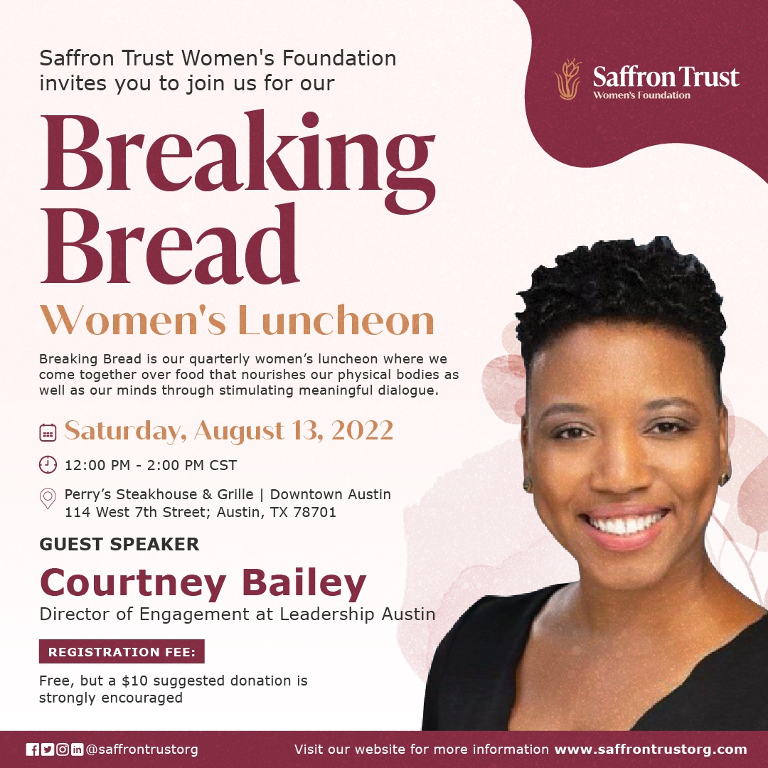📢Meet Our Guest Speaker Courtney Bailey

🎟️We released a few additional tickets. 
givebutter.com/qKqMxA

#SaffronTrustOrg #SaffronTrust #SisterCircleATX
