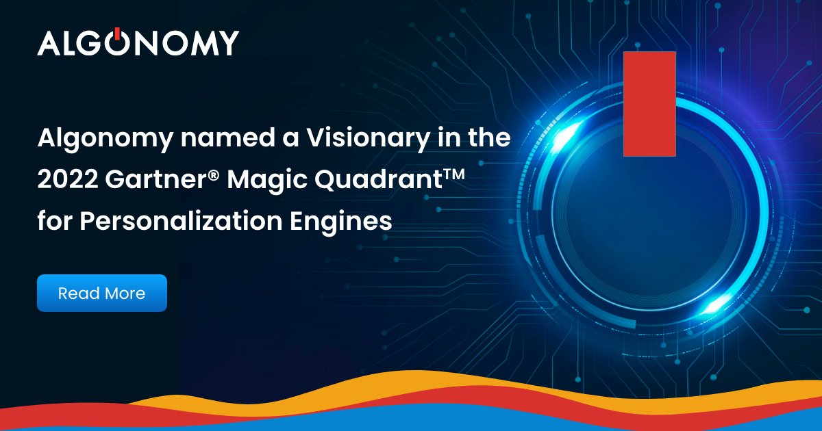 WeAreAlgonomy's tweet photo. Algonomy has been named a Visionary in the 2022 Gartner Magic Quadrant for Personalization engines! We're honored to be recognized for our end-to-end personalization capabilities. Read on to know more https://t.co/lkCpYzwyNb
#Algonomy #GartnerMQ #Personalization https://t.co/JgWx5kxbSo