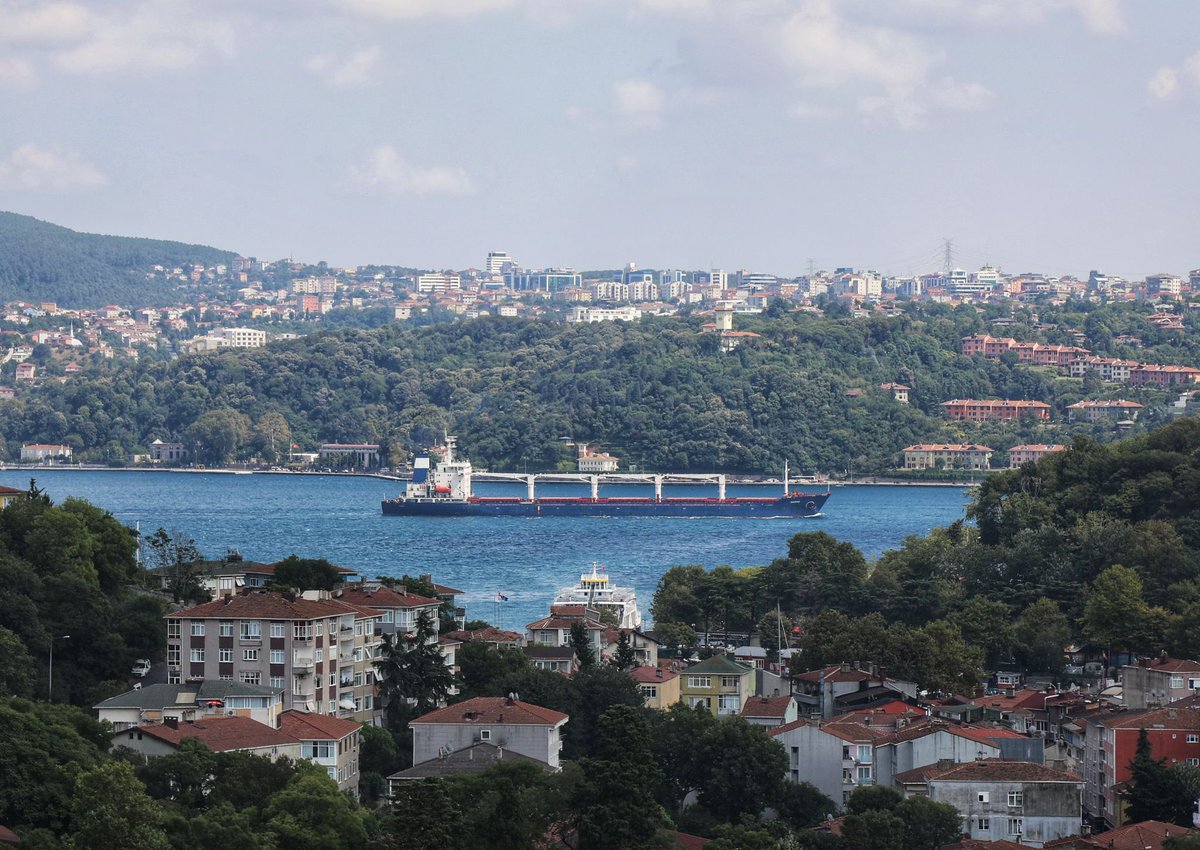 JeffFlake's tweet photo. he first ship, Razoni, as seen this afternoon from the grounds of the U.S. Consulate in Istanbul. Grateful for Türkiye’s effective diplomacy to ensure the safe passage of vital grain from Ukraine. https://t.co/vYOkl9Cgi9