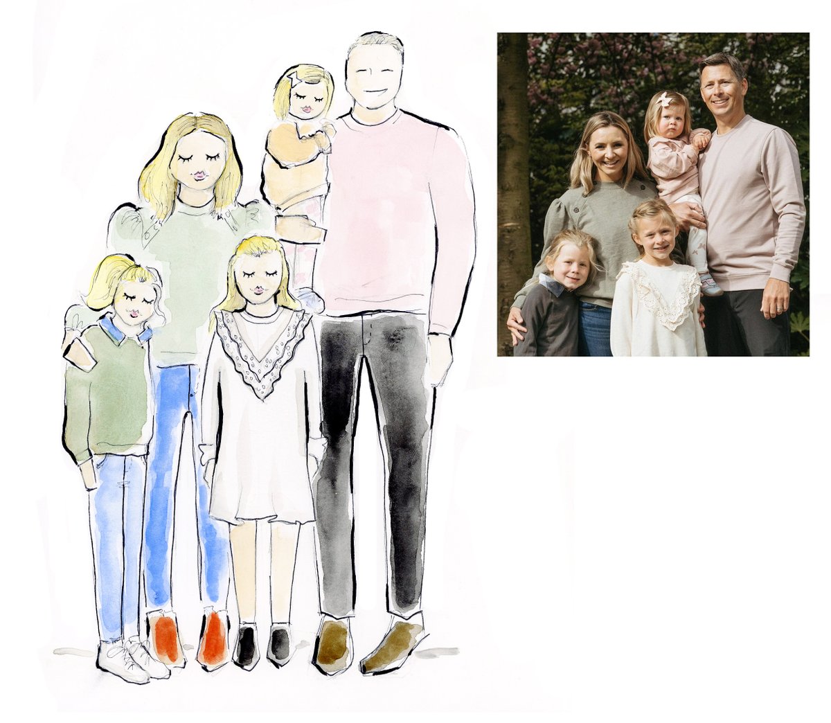 How adorable is <a href="/beverleymitchel/">Beverley Mitchell</a> 's family! Turn a memory into a watercolor keepsake! shop.laceeswan.com/products/custo… #customfamilyportrait