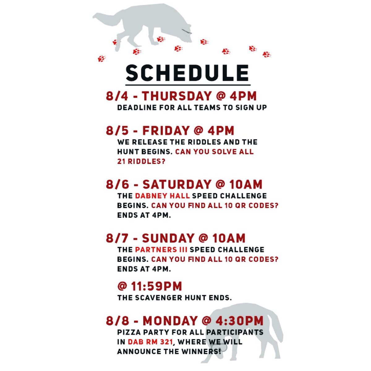 NCStateChemGSA's tweet photo. Enjoy a stress-relieving weekend hunting for clues and reward yourself with free pizza on Monday evening and extra cash! Below are the links to the sign-up forms.
Team Name Submission: https://t.co/Us2mpjbSQm
Name for pairing form: https://t.co/bestT1AzPw https://t.co/SWwb2JKfno