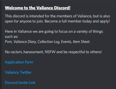 ValianceOSRS's tweet photo. Valiance is now officially open for business. New PvM &amp; Collection Log clan. Apply today by joining the discord in the bio! We will be adding item completion sheets, collection log, and eventually diaries . https://t.co/If4IhKaVju