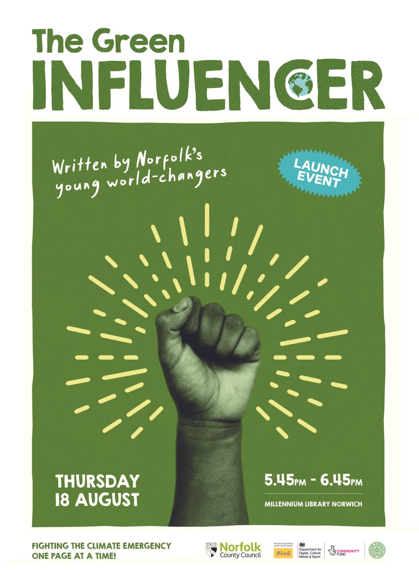 NorfolkHC's tweet photo. We're delighted to announce the launch of 'The Green Influencer', a climate-focused newspaper created by our History Hunters group. Join us at @MillenniumLib 5.45pm Thurs 18 Aug.

A huge thank you to @iwill_movement @ernestcooktrust @DesignByArk 

#BreakingTheNews @LKN_Libraries https://t.co/soiPEJ2sGC