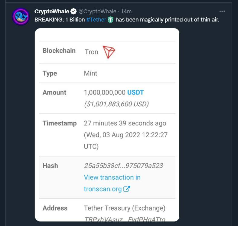 Emaletx's tweet photo. 1 Billion #Tether USDT has been magically printed out of thin air. https://t.co/InIE33Oyuu