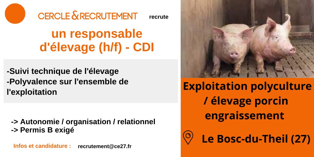 CercledEchanges's tweet image. @CercledEchanges spécialisé dans le #Recrutement en #agriculture recherche un #responsable en #Production  #élevage porcin en #exploitation Poste en #CDI secteur @Neubourg @EureenNormandie @RegionNormandie @Agri_Normandie @reussir @Canappeville @FranceAgricole @CourrierdelEure