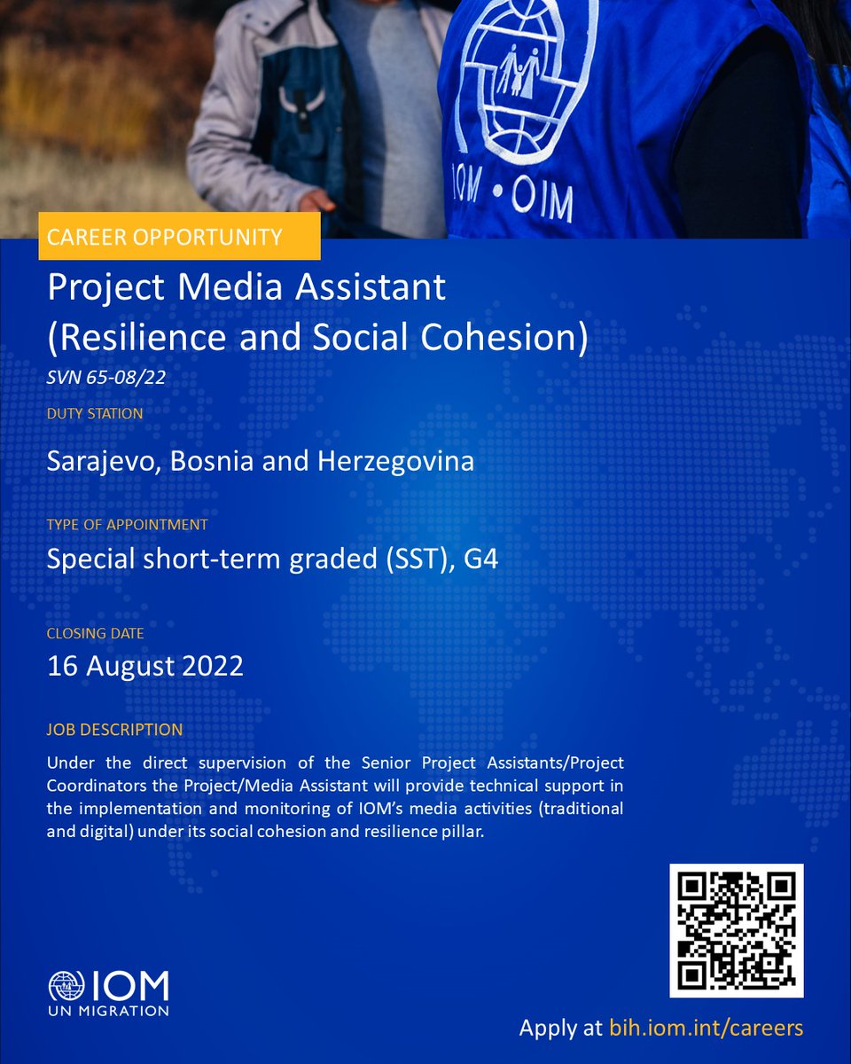 IOMBiH's tweet photo. Interested in joining our team? 
@IOMBiH is hiring:
🔹SVN 66-08/22 Senior Monitoring and Evaluation Assistant
🔹SVN 65-08/22 Project Media Assistant (Resilience and Social Cohesion)

For more information🔗 https://t.co/xbGLHkWA5F https://t.co/BzDowTvCqA