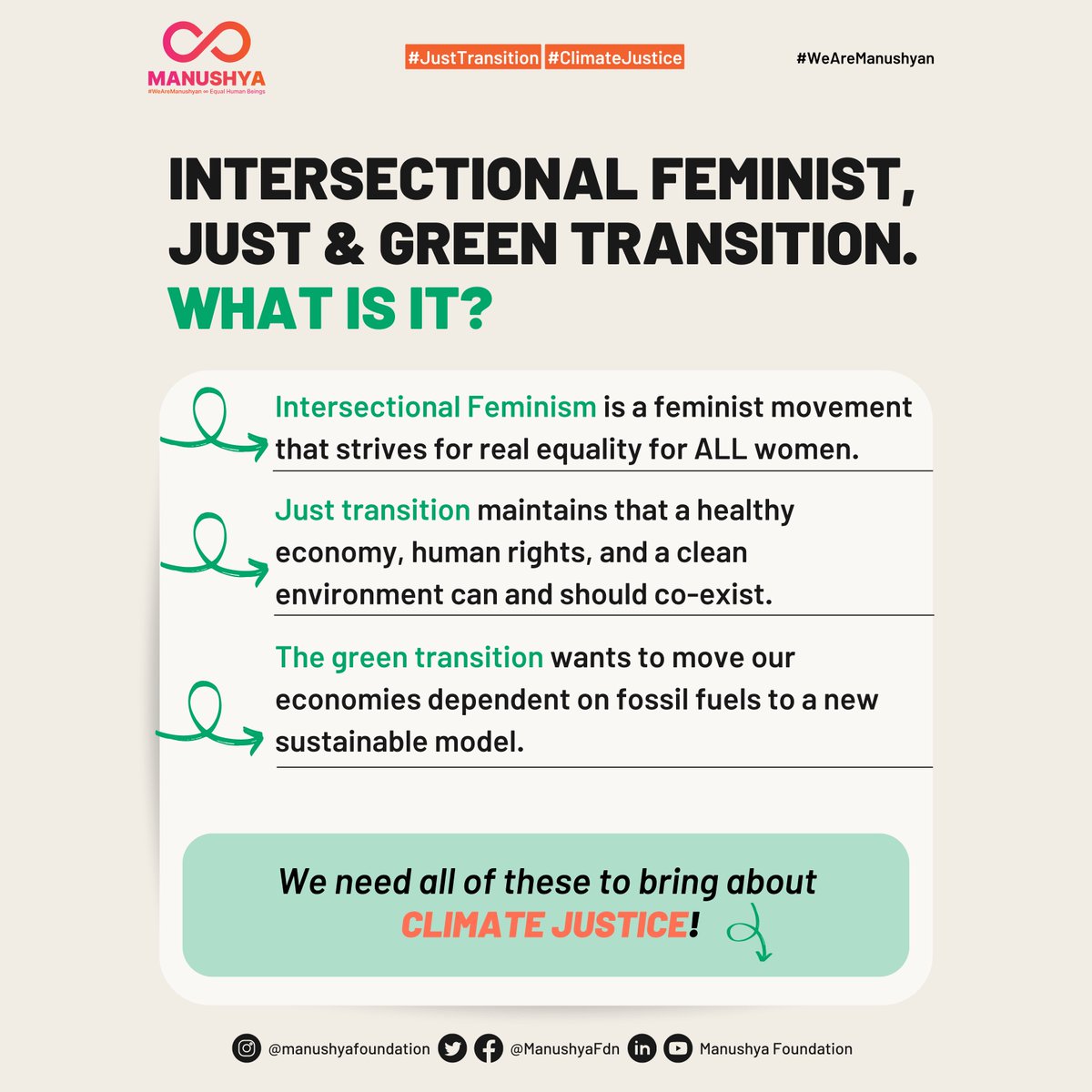 ManushyaFdn's tweet photo. #ClimateJustice #JustTransition🌏⚖️ Our future is:
💚 Green
🤍 Just
🧡 Intersectional & Feminist
Learn more in our new carousel ⤵️
🔗https://t.co/AWwMezkowD
#LetTheEarthBreathe #ClimateActionNow #Sustainability #renewableenergy #EnvironmentalJustice #RightToEnvironment https://t.co/Kq8hdo4wQN