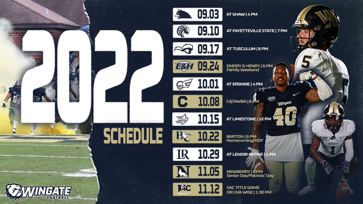 WU_Bulldogs's tweet photo. We are ONE MONTH AWAY from 🏈

@WingateFb opens up the 2022 season Sept. 3 - The 'Dogs will have 5 home games this year

Sept. 24 | Family Weekend
Oct. 22 | Homecoming/Hall of Fame
Nov. 5 | Senior Day/Patriots' Day

Story | https://t.co/GiTNeM8uD1

#OneDog https://t.co/i2eyA7A2Rx