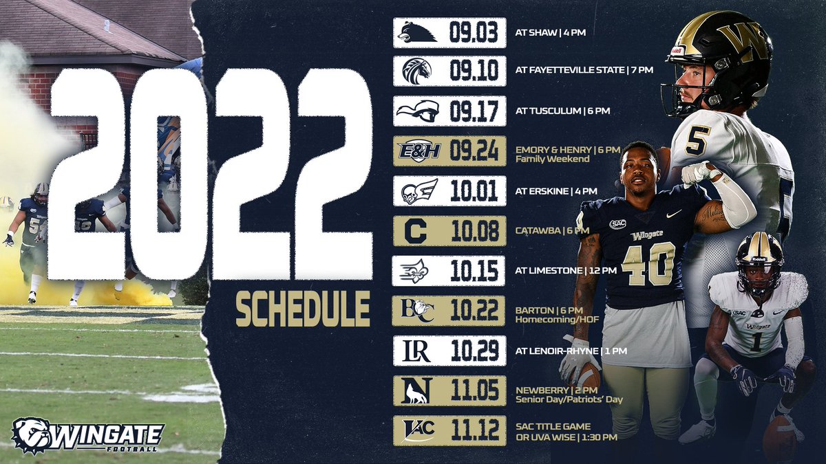 We are ONE MONTH AWAY from 🏈 @WingateFb opens up the 2022 season Sept. 3 - The 'Dogs will have 5 home games this year Sept. 24 | Family Weekend Oct. 22 | Homecoming/Hall of Fame Nov. 5 | Senior Day/Patriots' Day Story | bit.ly/3vBj6lw #OneDog