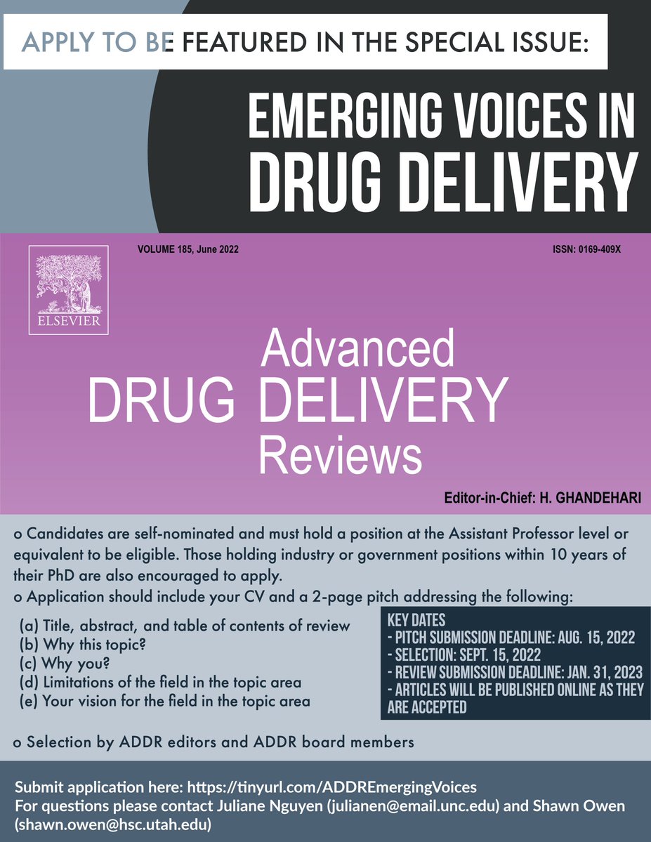 Two more weeks until the call for contributions to the issue on “Emerging Voices in Drug Delivery” in Advanced Drug Delivery Reviews (IF 17.8) closes. If you are an Early-Stage Investigator/Assistant Professor, please consider applying! @ShawnOwenLab @H_Ghandehari @MariaJVicent1