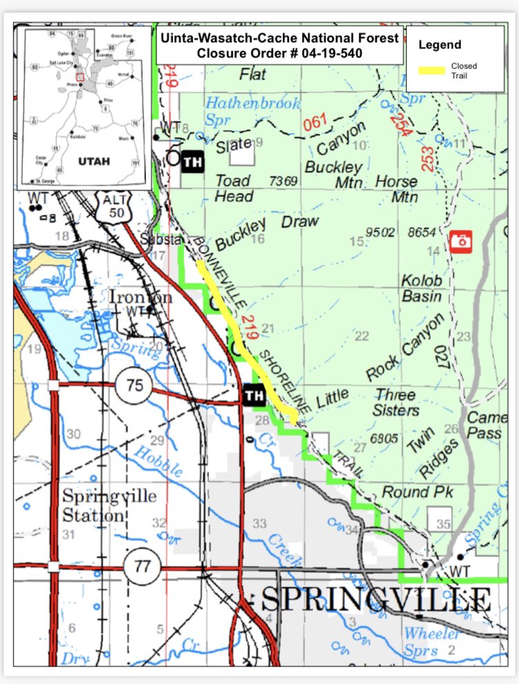 UtahWildfire's tweet photo. #SpringvilleFire 90% contained, remains at approx. 60 acres. Firefighters will hike the right and left flanks continuing to secure the perimeter & checking interior for hot spots where safe to do so. Temporary closure on small section of Bonneville Shoreline trail. @UWCNF #usfsst https://t.co/Fq9Mq230e7