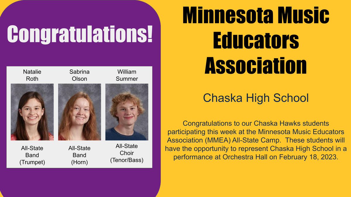 Congratulations to Natalie Roth, Sabrina Olson, and William Summer - participating this week at MMEA All-State Camp, culminating with a performance at Orchestra Hall on February 18, 2023. #Soar <a href="/ChaskaBand/">Chaska HS Band</a>