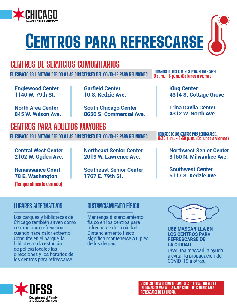 Another HOT day in the Chi! The City's six cooling centers are now open! Additional cooling center locations at <a href="/ChicagoParks/">Chicago ParkDistrict</a> &amp; <a href="/chipublib/">Chicago Public Library</a>! Call 3-1-1 to find your nearest cooling center and for well-being checks for you and the Elderly! 

#StayCoolChicago