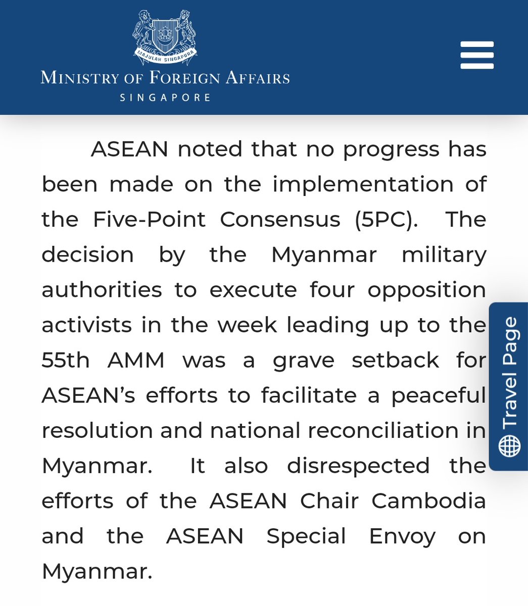 MayWongST's tweet photo. At #ASEAN foreign ministers' talks #Singapore says "further engagement with the #Myanmar #military authorities would be of limited value" if no progress made on @ASEAN 5-point consensus. Adds army executing 4 prisoners a "grave setback" for bloc's efforts #WhatsHappeninglnMyanmar https://t.co/Ozdt4sPM8I