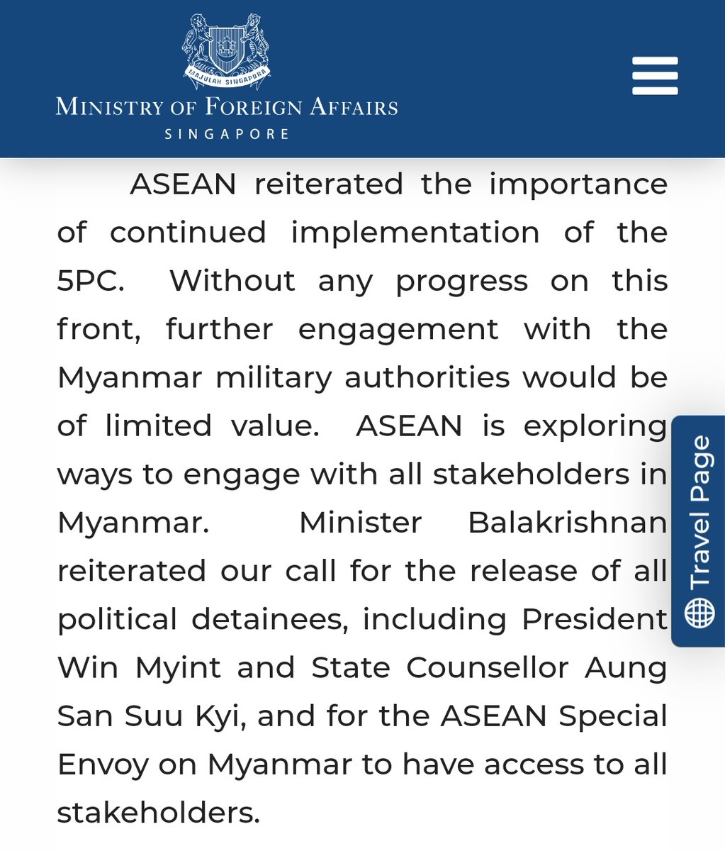 MayWongST's tweet photo. At #ASEAN foreign ministers' talks #Singapore says "further engagement with the #Myanmar #military authorities would be of limited value" if no progress made on @ASEAN 5-point consensus. Adds army executing 4 prisoners a "grave setback" for bloc's efforts #WhatsHappeninglnMyanmar https://t.co/Ozdt4sPM8I