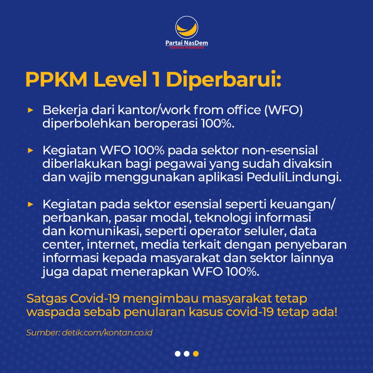 Kasus positif covid-19 sangat fluktuatif, namun menurut pemerintah, tetap terkendali. Seluruh Indonesia pun diberlakukan PPKM Level 1. Persisnya, lihat infografis berikut. #FRAKSINASDEM #NasDemPeduli #NasDemAntiMahar