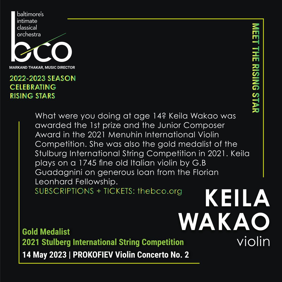 BaltChamOrch's tweet image. ￼
Celebrating Rising Stars ★ Subscriptions, Tickets, Full Information NOW at thebco.org
Meet the Rising Star ~ Keila Wakao
￼Gold Medalists-2021 Stulberg International String Competition and 2021 Menuhin International Violin Competition.