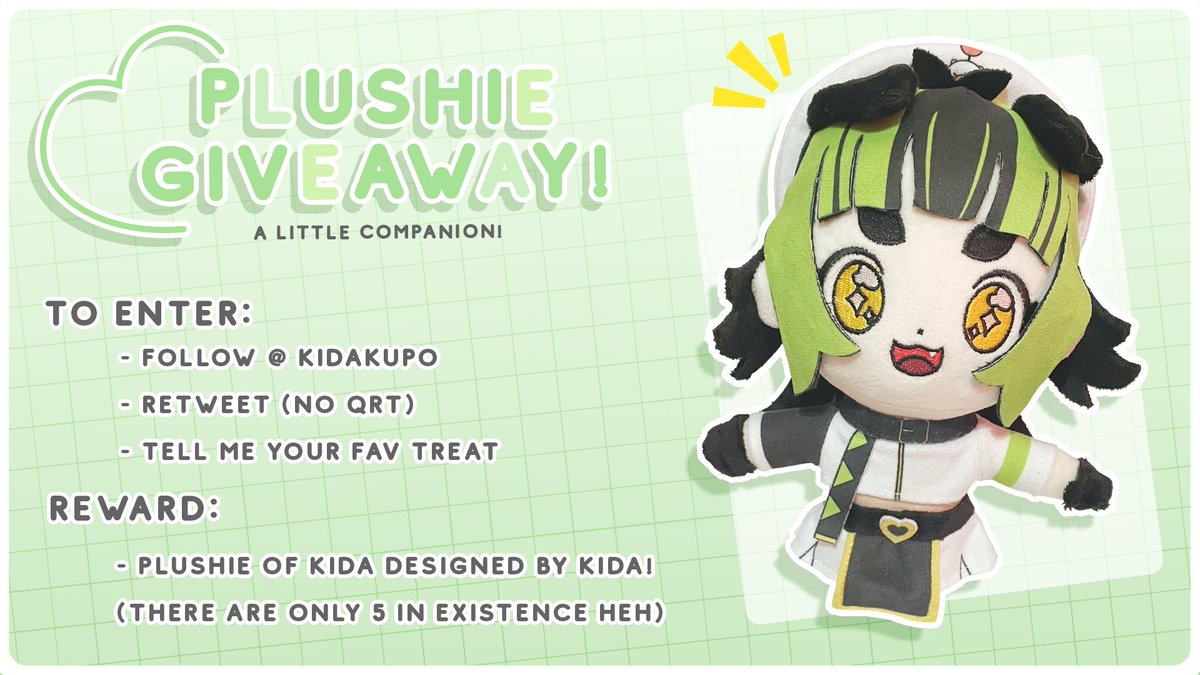 kidakupo's tweet photo. 🍀MINI KIDA PLUSH GIVEAWAY! 🍀
i designed a special little guy so you can have me as a personal little companion to take on adventures!! this pup is looking for a new home 💚

rules: rt + follow and comment your favorite snack! 

✨ ENDS AUGUST 19TH! ✨ https://t.co/WfWM0VpGpd