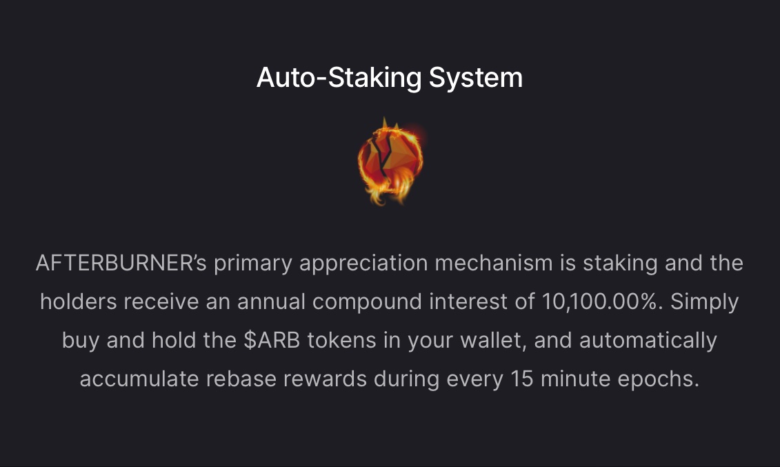AfterBurnerDeFi's tweet photo. ❤️‍🔥 1st Feature: #AutoStaking System 

Visit 🌐 https://t.co/CbfmjmVwc4 
Join ➡️ https://t.co/HiaTBRDnAn / https://t.co/GGaoJzJE8c  

#BSCGemAlerts $ARB #PlayToEarn #lockpay #AUDIT #KYC #AfterBurner https://t.co/0XW5XrkA4B
