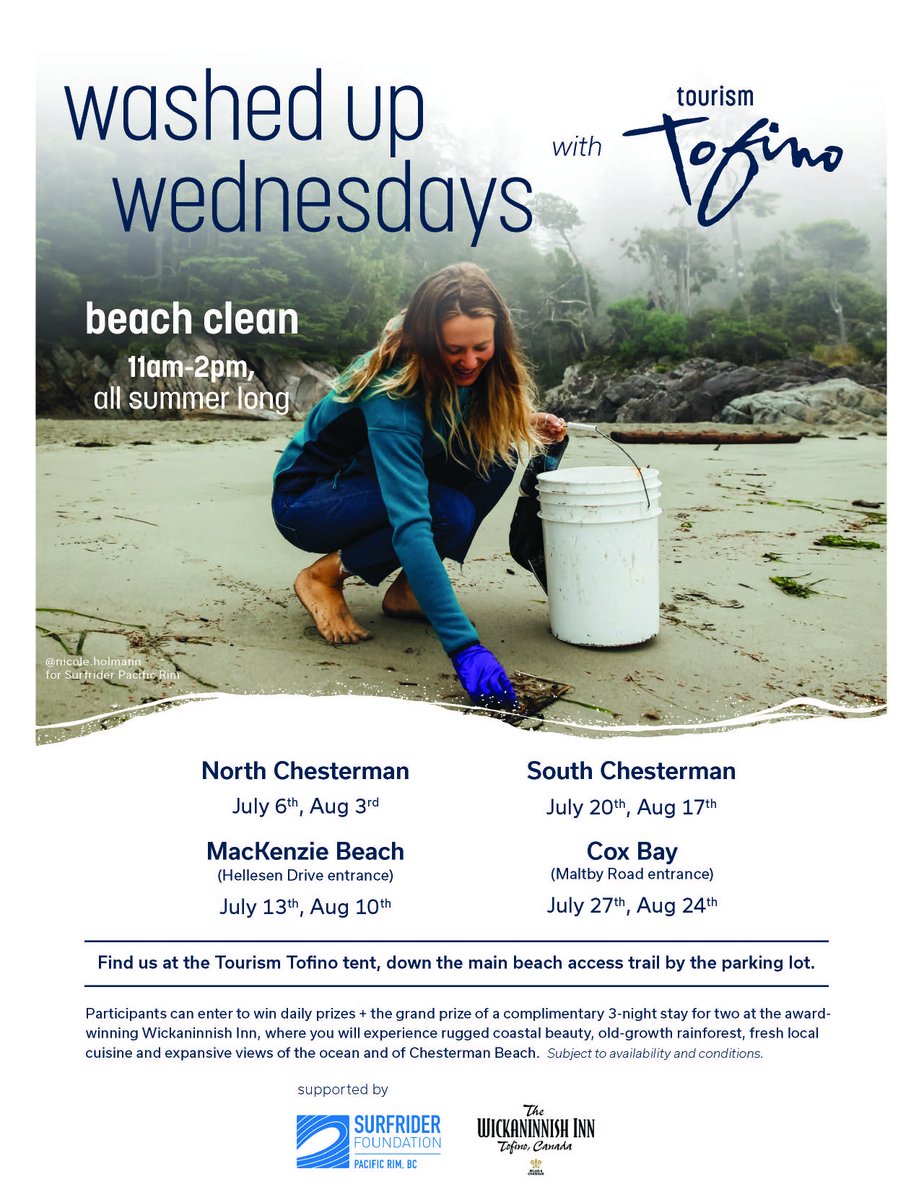 tourism_tofino's tweet photo. Join us on North Chesterman Beach TODAY (Weds, Aug 3) for the weekly #WashedUpWednesday beach clean with #SurfriderPacificRim & be entered to win a getaway to @WickInnBC - also on North Chesterman Beach! @TofinoC https://t.co/70pma08J3y