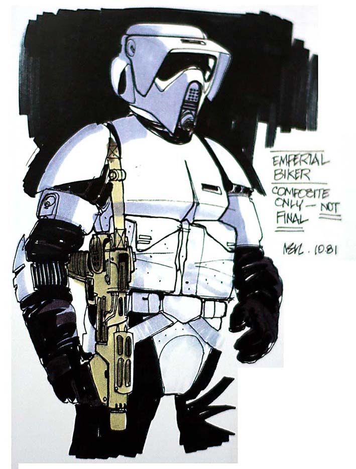 Conceptual illustrations of the imperial scout trooper, The Art of the Return of the Jedi artbook.