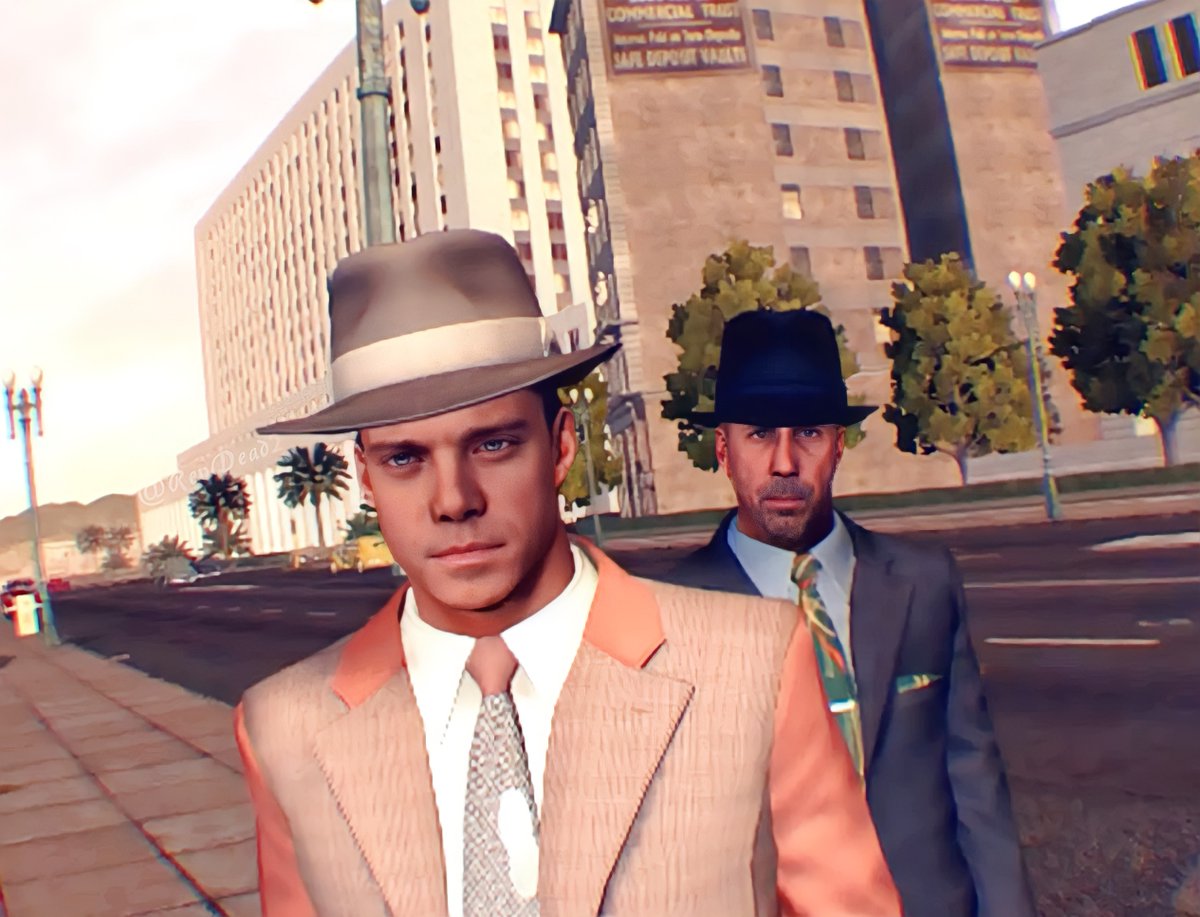 RevDead2's tweet photo. Heard footsteps behind me while I was earning some tips doing NPC street portraits...
Turned to see these judgemental bastards grimacing at my drawing.

Art is subjective, boys. 😌
#LANoire #LANoireVR #RockstarGames #VR https://t.co/9OR0TaxmXb
