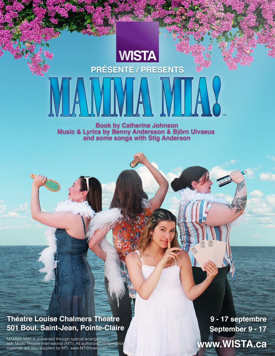 WISTAMontreal's tweet photo. We can’t wait to put on MAMMA MIA! this fall! Any advice for a community theatre production just trying to do you proud? @ABBA @AmandaSeyfried @PierceBrosnan @dominiccoop @philipmic https://t.co/dGlbPML71k