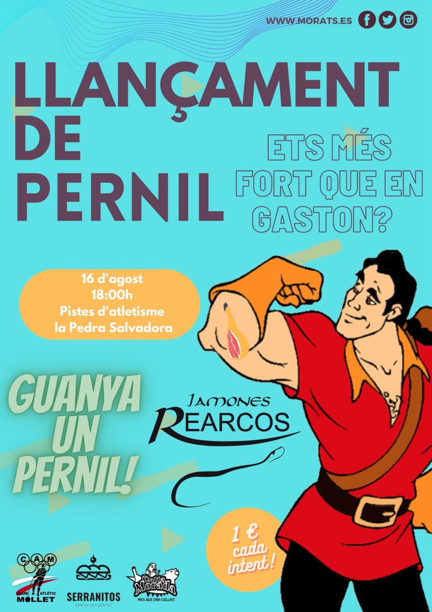 CollaMorada's tweet photo. El llançament de pernil a càrrec de #serranitos 😘😋
Tothom pot demostrar si és el més fort/a de Mollet 
pernil pel guanyador/a de cada categoria (home, dona, nen i nena). 
1€ el llançament (pots intentar-ho les vegades que vulguis) 
Gràcies al suport de @camollet  
16/8 18h https://t.co/0jU1WqFC63
