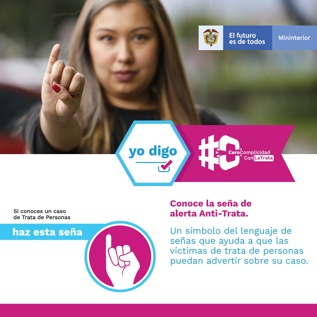 CancilleriaCol's tweet photo. Este símbolo le permitirá advertir a una posible víctima, su estado de indefensión ante un posible caso de trata de personas.

¡Identifícala! Entre todos podemos reducir este flagelo en Colombia.

Denuncia en la Línea Gratuita Nacional: 
01 8000 522020

#CeroComplicidadConLaTrata https://t.co/kNUrD4bItZ