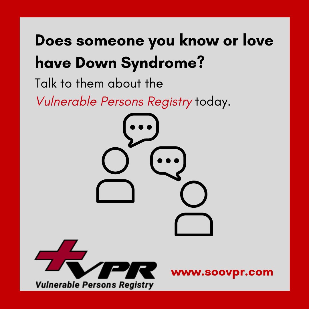 SOOVPR's tweet photo. People without 24-hour care who have Down Syndrome qualify for the Vulnerable Persons Registry.
Learn more at https://t.co/td8jwNaj0s or call Amanda at 705-942-7927 ext 3041 or
toll free at 1-866-353-0697.
#soovpr
#AlgomaVPR
#ManitoulinSudburyVPR
#VulnerablePersonsRegistry https://t.co/EVZQNoILDA
