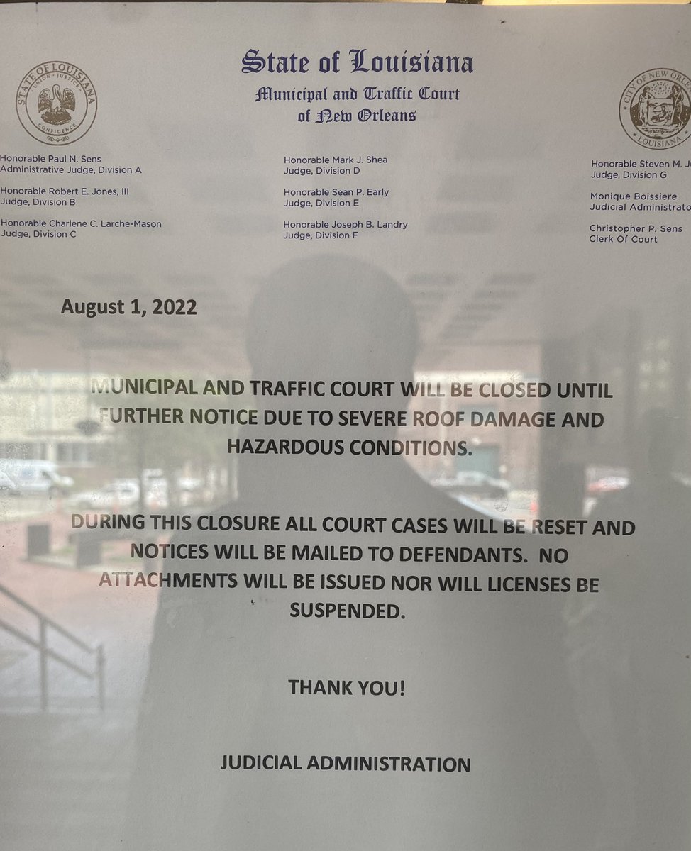 AttyJasonAnders's tweet photo. New Orleans Municipal and Traffic Court is closed “until further notice” #nola #nolatwitter https://t.co/TXj4NqXEK2