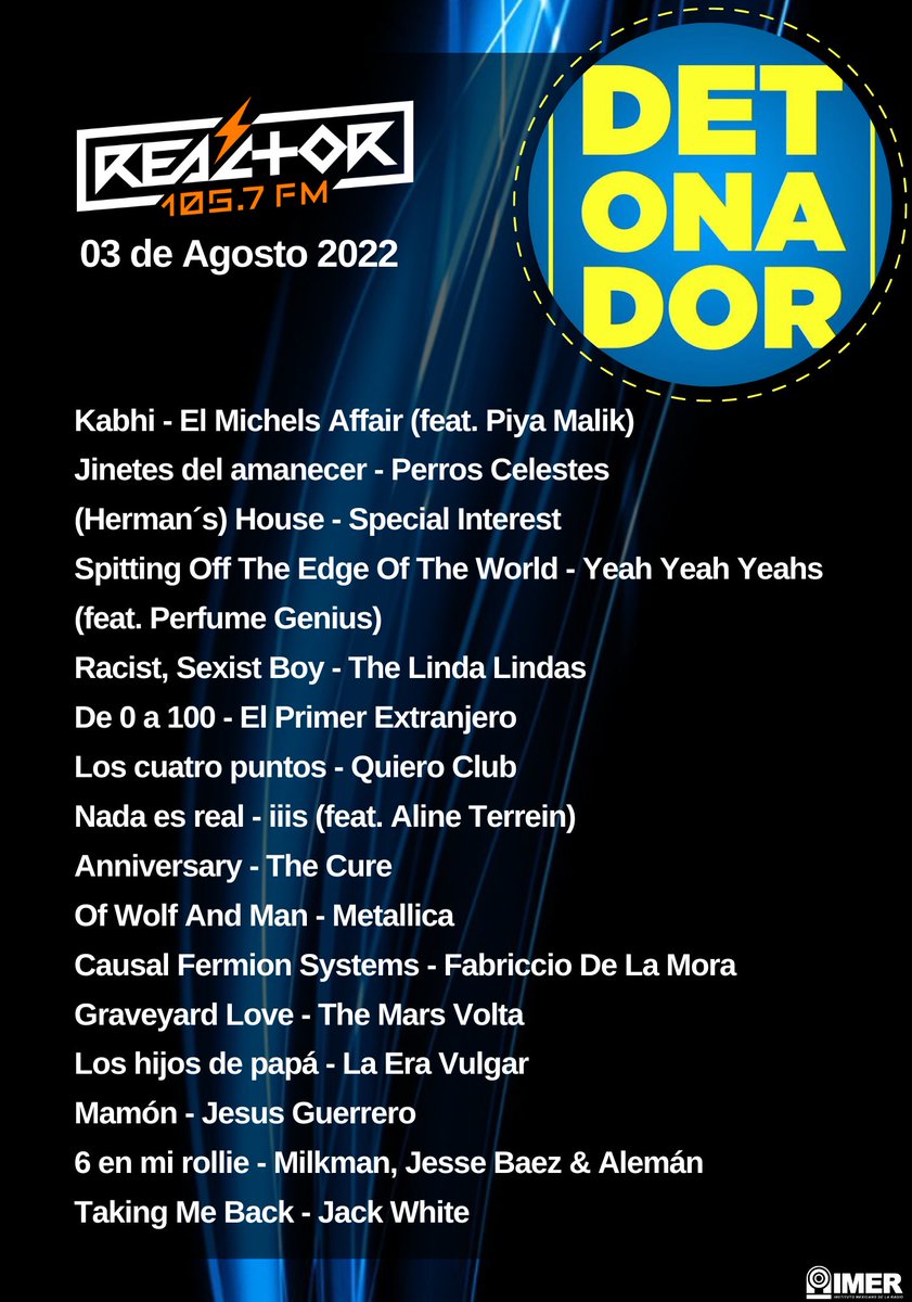Reactor105's tweet photo. Les compartimos las canciones que escuchamos de 7 a 9 AM en #Detonador. Felices #7enReactor @eltonykings, que sean muchos más 🎉📻 https://t.co/lkqUhCLobt