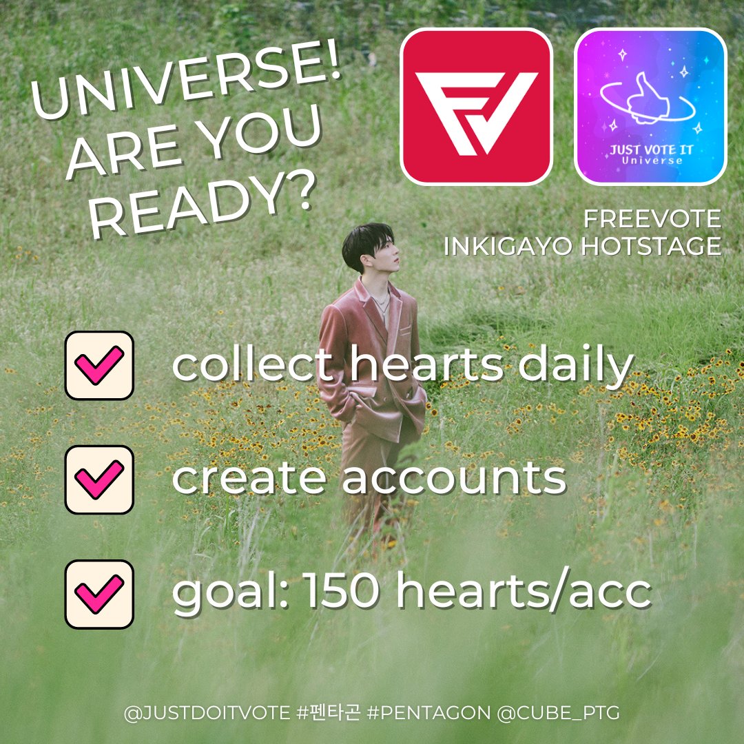 Justdoitvote's tweet photo. Hello UNIS!🌌

Have you heard about the lNKlGAYO H0T STAGE 🏆? 

Let's collect ❤️ on the FREEV0TE app and drop them once pre-voting opens to gift #KINO this 🏆! 

Our goal is 150❤️ per account. Collect them by doing SNS-Missions🎉

Let's do it yo!!✨

#PENTAGON #펜타곤 #KINO_POSE https://t.co/Ixx0JBWKqt