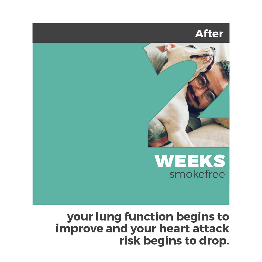 SmokefreeUs's tweet image. #DYK that 2 weeks after quitting your lung function begins to improve and heart attack risk begins to drop? Get more benefits of quitting: ms.spr.ly/6016jJotr